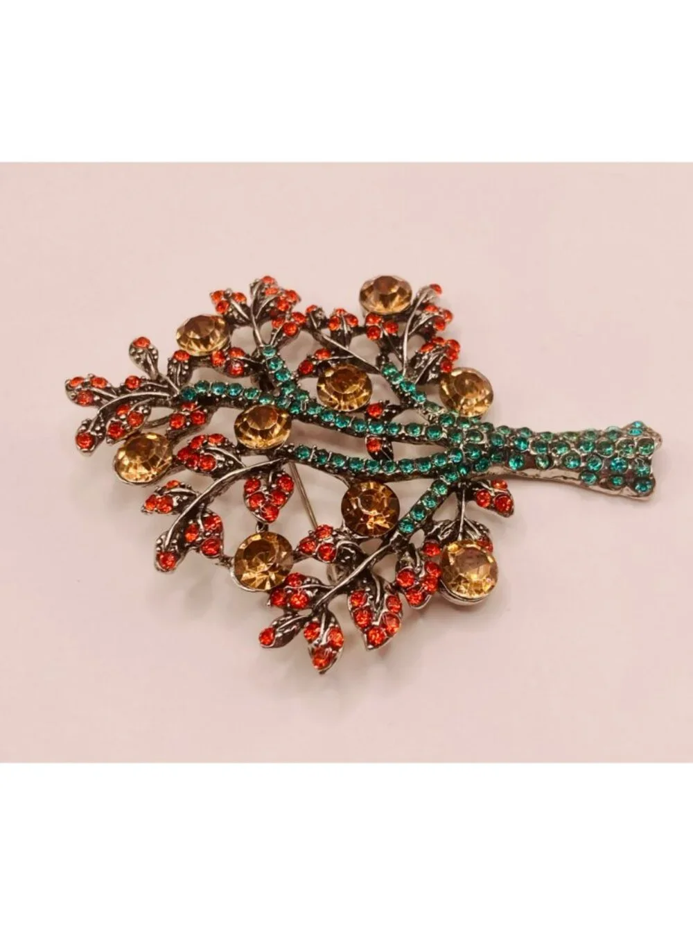 Silver tone Tree Brooch Pin Multicolor Rhinestones -100B
